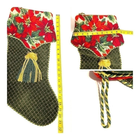 Christmas Poinsettia Stocking Cotton Wool Blend Green Rope Tassel - Picture 6 of 6